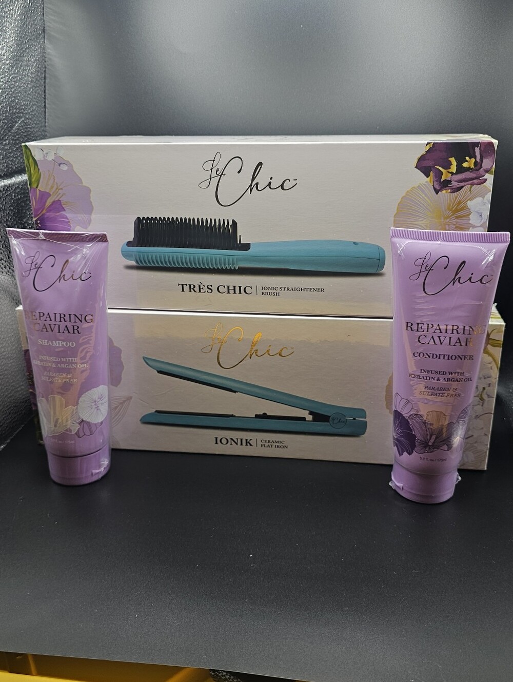 Le Chic Hair Styling Brush,Flat Iron With Caviar Repairing Shampoo&Condition Set